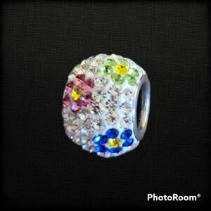 Jcm Stainless Steel Floral Paved Rhinestone Bead Slider Charm